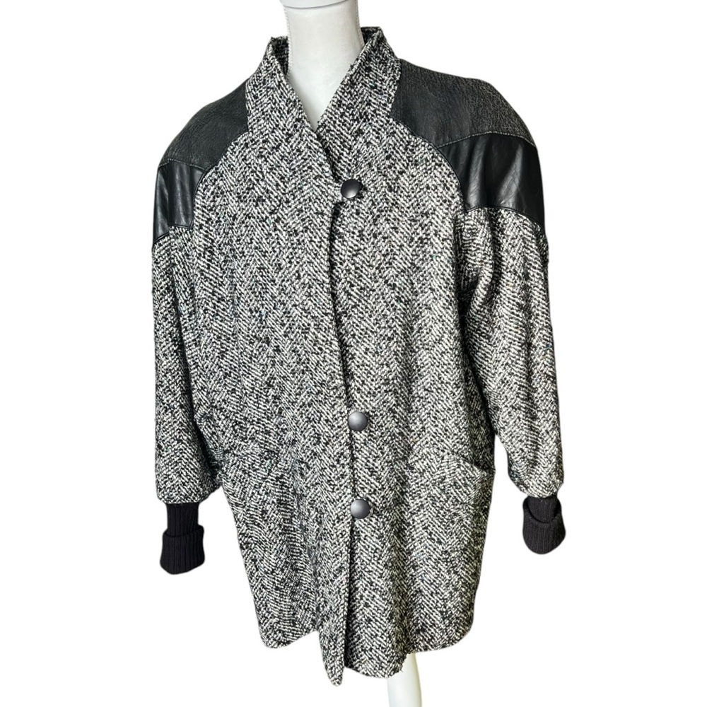 VTG 80s New york girl tweed wool gray colorful coat black leather patch woman 14